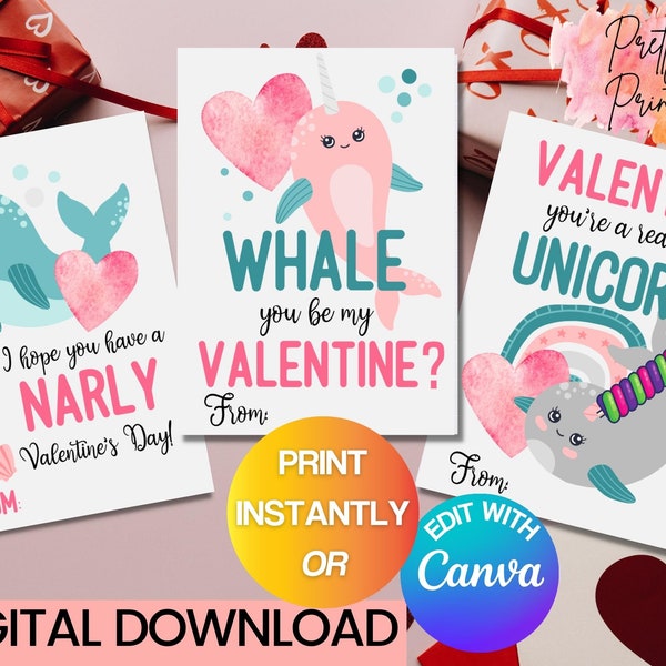 Narwhal Valentine, Printable Valentine, Kids Valentine, School Valentine, Valentine's Day Treat Card, Instant Download, Classroom Valentine