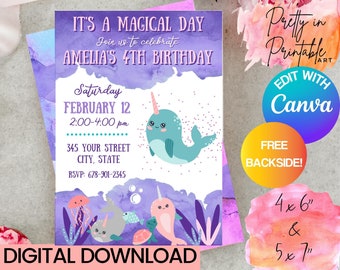 May include: A printable 4th birthday invitation featuring a cute narwhal with a purple watercolor background. The invitation includes the text "It's a Magical Day" and "Amelia's 4th Birthday".