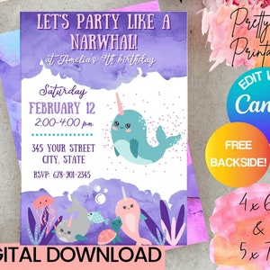 Narwhal Invitation, Mermaid Birthday Party, Under the Sea, Narwhal Birthday Invite, Sea Unicorn, Instant Download, Editable Digital Invite