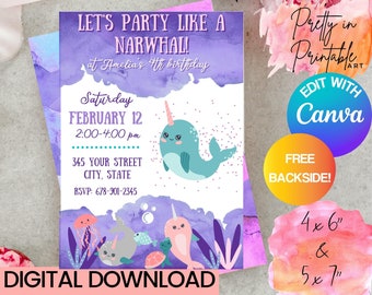 May include: Purple and pink watercolor background with a narwhal illustration. The text reads "Let's Party Like a Narwhal!" and includes details for a birthday party. The text "Digital Download" is at the bottom of the invitation.