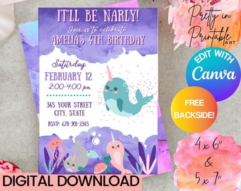 Narwhal Invitation, Mermaid Birthday Party, Under the Sea, Narwhal Birthday Invite, Sea Unicorn, Instant Download, Editable Digital Invite