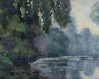 Monet Master copy, Monet's Seine at Giverny, Ethereal art, pale blue and green, interpretive art, framed painting, lake scene with trees
