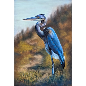 Original blue heron painting, Wildlife art, Bird art, One of a kind Art, Framed artwork, Blue heron on shore, Canadian art, Heron painting