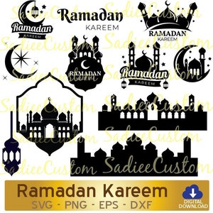 May include: Black and white digital download design files for Ramadan Kareem. The designs include a mosque, crescent moon, stars, and the text "Ramadan Kareem".