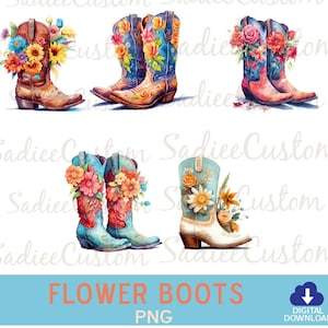 Cowboy Boots with Flowers Clipart Bundle, 5 High Quality Watercolor PNGs- Western Art, , Water Color, Digital Download,Rustic Country