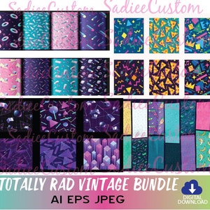 Totally Rad vintage Graphic Bundle, Seamless 90's 80's patterns, polices rétro, .ai,.eps,.jpeg, arrière-plans, cadres décoratifs, j'aime les années 90