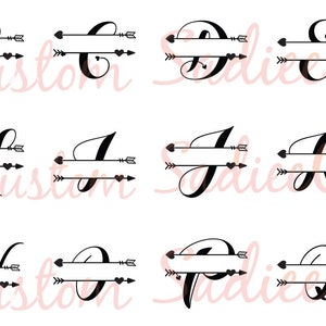 May include: A collection of black, calligraphic capital letters from A to R, each bisected by a horizontal arrow design. The arrows feature heart-shaped arrowheads and fletching at the ends. The text SadieeCustom appears in light pink script.