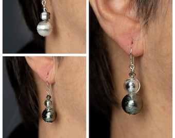 Gray and silver Murano glass dangle earrings for pierced ears 1.7"