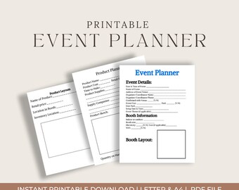 May include: A stack of printable event planner sheets with the title "PRINTABLE EVENT PLANNER" at the top. The sheets include sections for product layouts, event details, and booth information. The text "INSTANT PRINTABLE DOWNLOAD | LETTER & A4 | PDF FILE" is at the bottom.