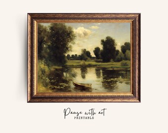 Pintura al óleo de estilo vintage de lago sereno / Arte de pared con paisaje melancólico imprimible / Arte digital / Imprimible / Decoración del hogar