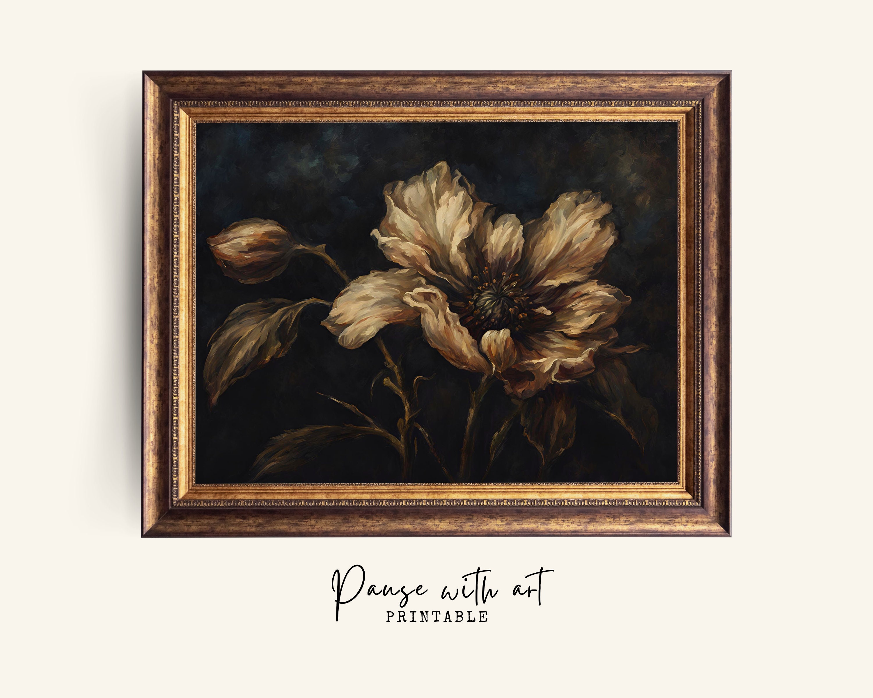 Vintage Moody Dark Flower Oil Painting Style / Decoración de pintura de bodegones / Arte de pared imprimible / Arte digital / Imprimible / Decoración del hogar