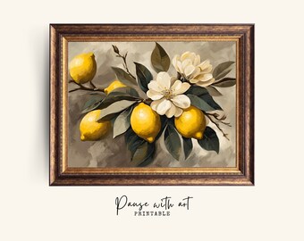 Estilo de pintura al óleo de rama de limón vintage / Decoración de cocina de bodegones / Arte de pared de cocina imprimible / Arte digital / Imprimible / Decoración del hogar