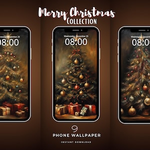 Vintage Christmas Background, Phone Wallpaper, Winter Phone Background, Dark Academia Christmas, Phone Lockscreen, Smartphone Wallpaper Set