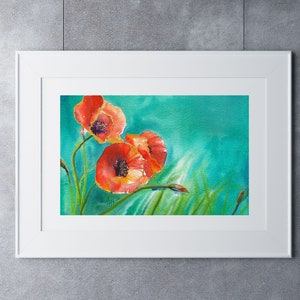 Papaveri, Ode ai papaveri IX, dipinto ad acquerello originale dipinto a mano, arte murale, fiori, botanica