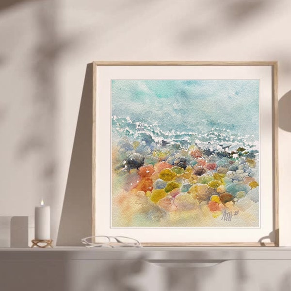 Jeweled Pebbles- hand-painted, one of a kind, Original Watercolor Painting, beach, water, ocean