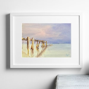 Broken Pier - dipinto a mano, unico nel suo genere, dipinto ad acquerello originale, oceano, Florida