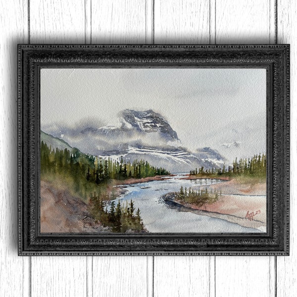 Lago de montaña: hecho a mano, único en su tipo, pintura de acuarela original, panorámica, vista al lago, paisaje