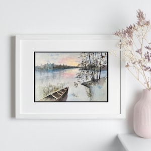 Sunrise on the lake- hand-painted, one of a kind, Original watercolor, Wall Art, lake, canoe, trees