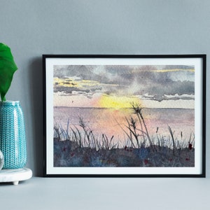 Beach Grass V - peint à la main, unique en son genre, aquarelle originale, art mural, eau, vue sur l'océan, graminées