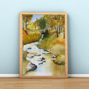 Fall Stream I - acquerello originale dipinto a mano, arte della parete, fiume, ruscello, autunno, fogliame, alberi,