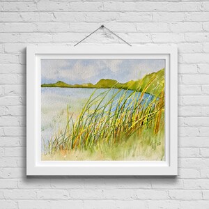 Pond Grass - hand-painted, one of a kind, Original watercolor, lakeview, lake, forest, trees