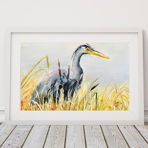 Blue Heron II - hand-painted, one of a kind, Original Watercolor Painting, bird, hunter, reeds, grasses