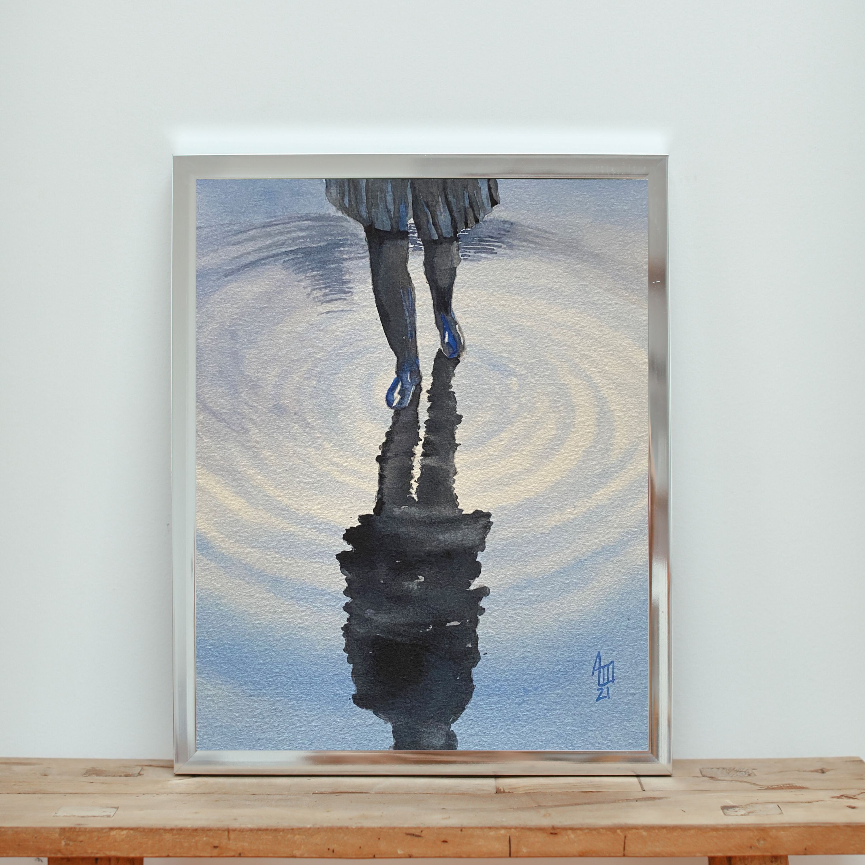 反射する水たまり I - 手描き、ユニークなオリジナル水彩画、雨の