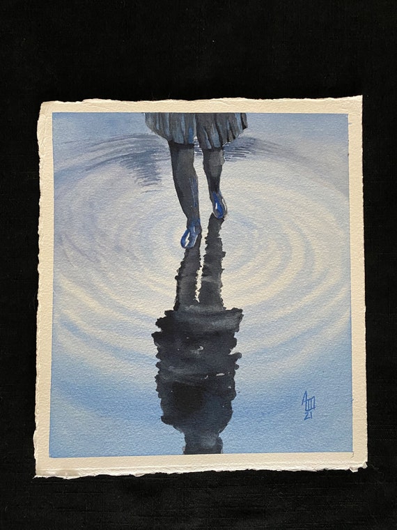 オリジナル水彩画 - 雨の水たまりの中の少女のシーン - Etsy 日本