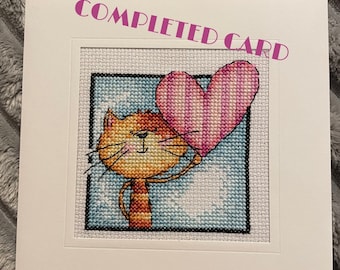 Completed cross stitch card Happy Cat