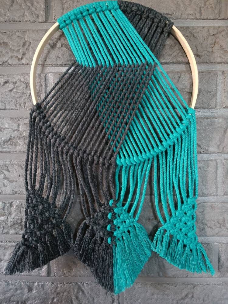 Tenture Murale en Macramé et Cercle Bois, Turquoise Gris Anthracite