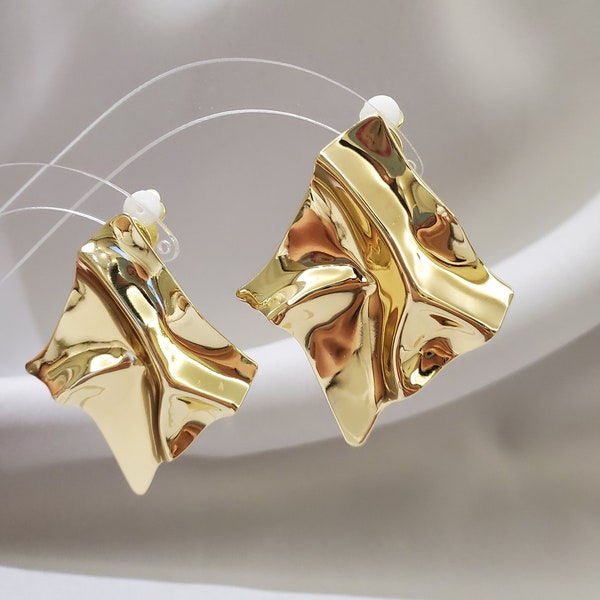 Large Folds Earring Clips, Gold Plated Large Earring Clips, Cool Ear Clips, Bride Earrings, Gift For Her, Earrings for Women, CP03