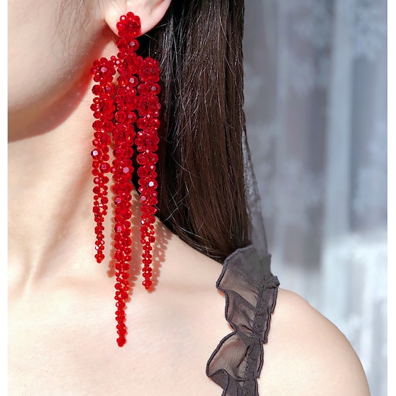 Red beaded hotsell tassel earrings