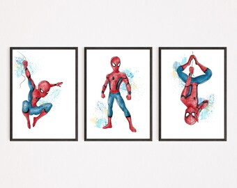 Set Of 3 Spider-Man watercolour Wall Art Prints, Bedroom Decor, Bedroom, Childrens Room  Digital Download, Print From Home