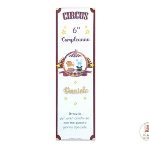 Segnaposto COMPLEANNO TEMA CIRCO , segnaposto segnalibro, segnalibro con dedica, segnaposto con nome plexy