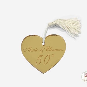 Kit 10 Segnaposto Cuore Nozze d'Oro in plexy con nappina