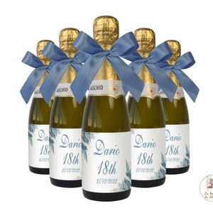 Bottiglietta di Prosecco con Etichetta Personalizzabile Bianca e avio – Bomboniera COMPLEANNO 18 ANNI RAGAZZO