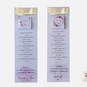 Segnaposto matrimonio, segnaposto segnalibro, segnalibro con dedica, segnaposto con cioccolatino personalizzato