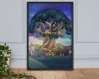 Fairy tree house illustration, framed poster, hand-drawn digital art, on Premium Luster fingerprint-proof Art photo paper 24x36 inches