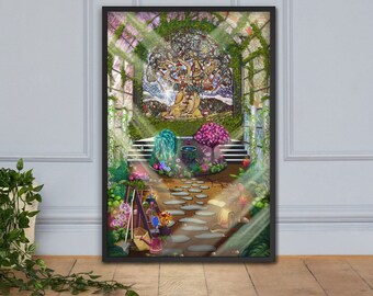 Alchemist&#39;s Greenhouse illustration framed poster,  hand-drawn digital art, on Premium Luster fingerprint-proof Art photo paper 24x36 inches