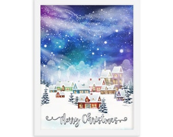 Whimsical winter village snowy landscape, with snow and magical night sky, handdrawn illustration, Christmas greetings wall art framed print