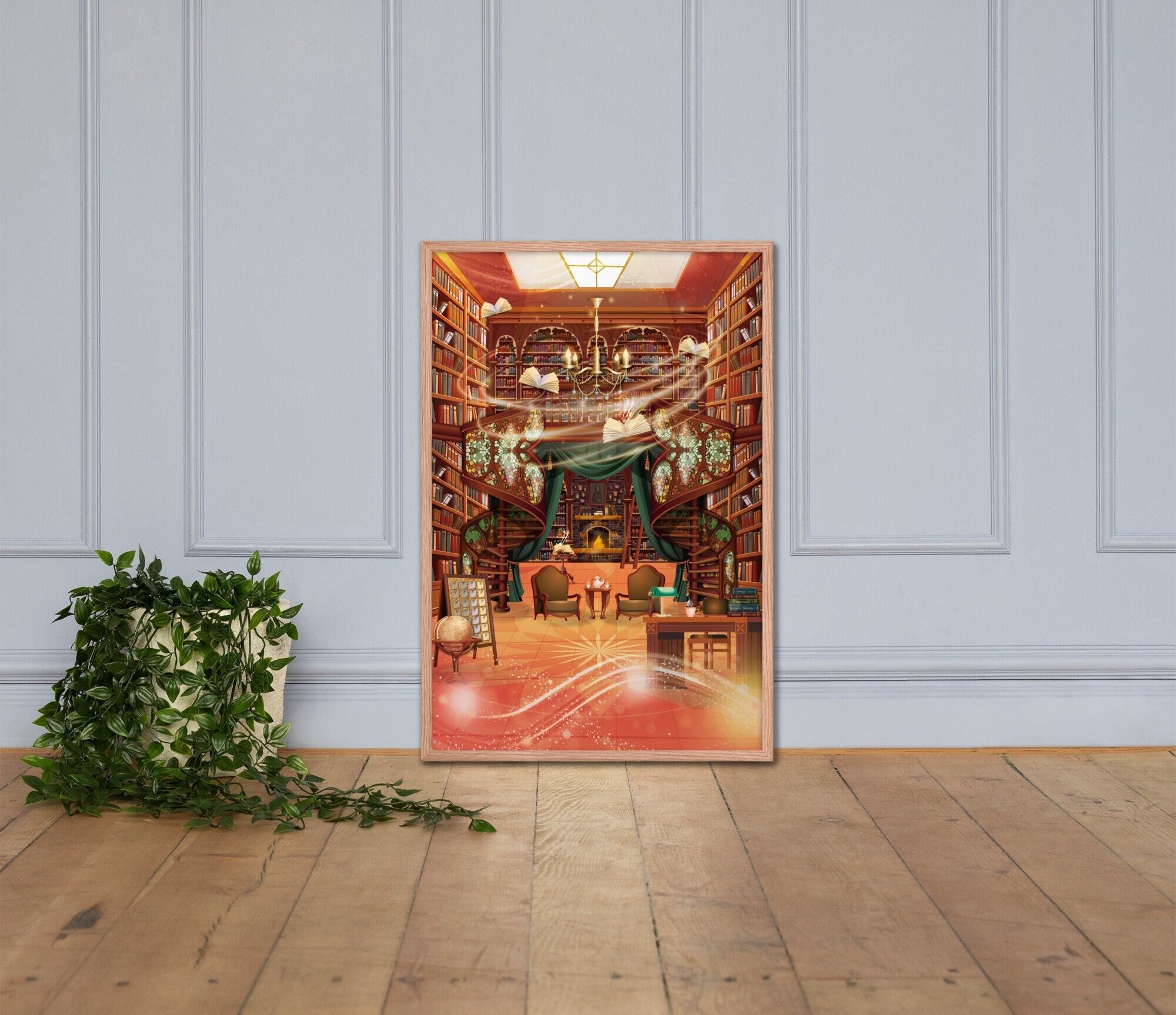 Fantasy Library Framed Poster,  hand-drawn digital art, on Premium Luster fingerprint-proof Art photo paper 24x36 inches