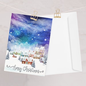 Whimsical Winter Village Christmas greeting card, hand drawn illustration, snowing landscape, snowy night sky, Christmas card with envelope