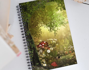 Enchanted Forest Mushroom Dotted Journal, Fantasy Landscape Notebook