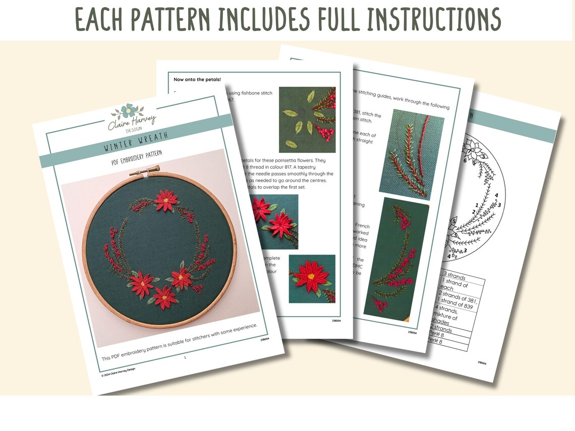 Floral Wreath Embroidery Pattern Bundle, Spring Summer Autumn Winter ...