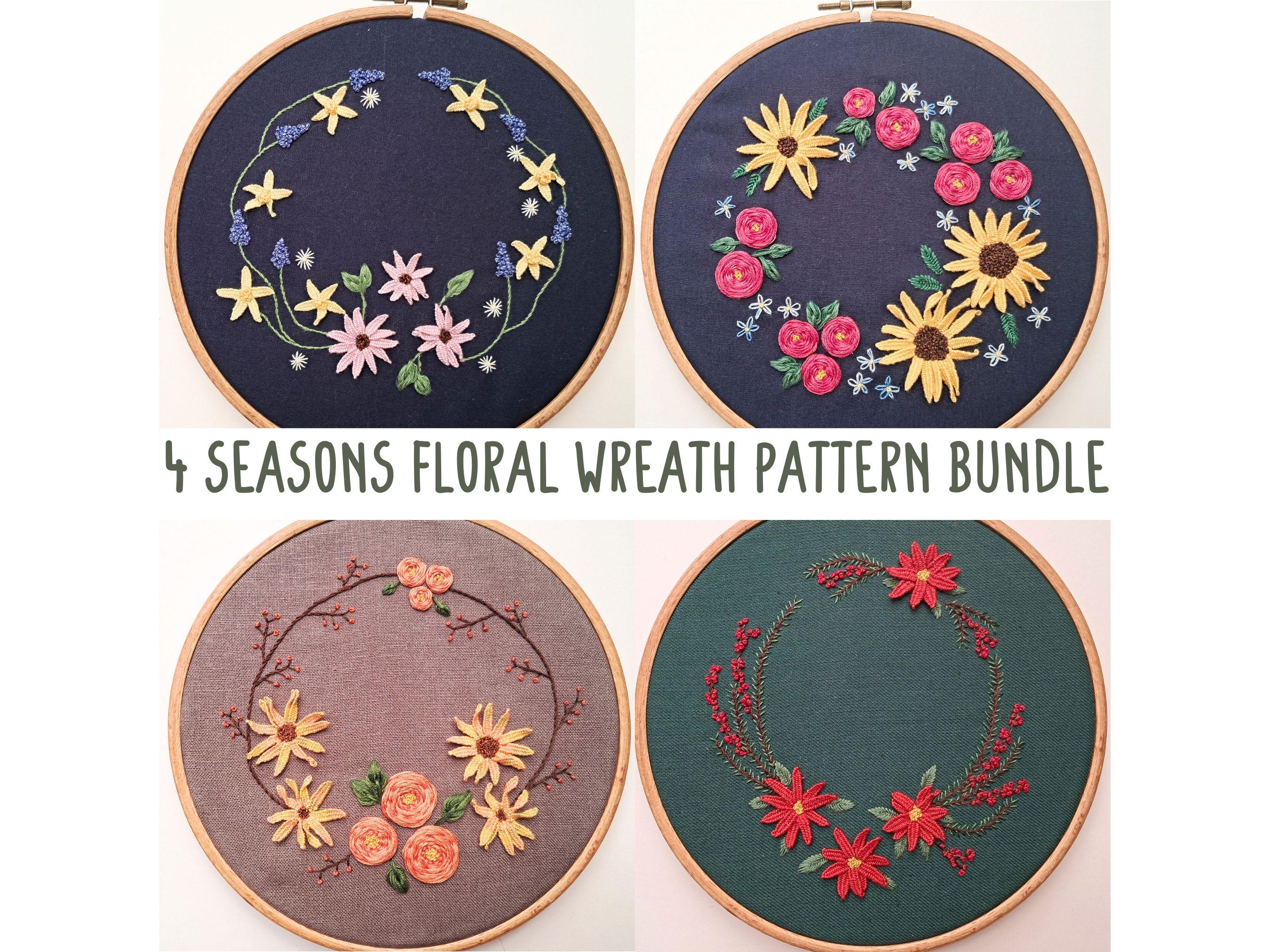 Floral Wreath Embroidery Pattern Bundle, Spring Summer Autumn Winter ...