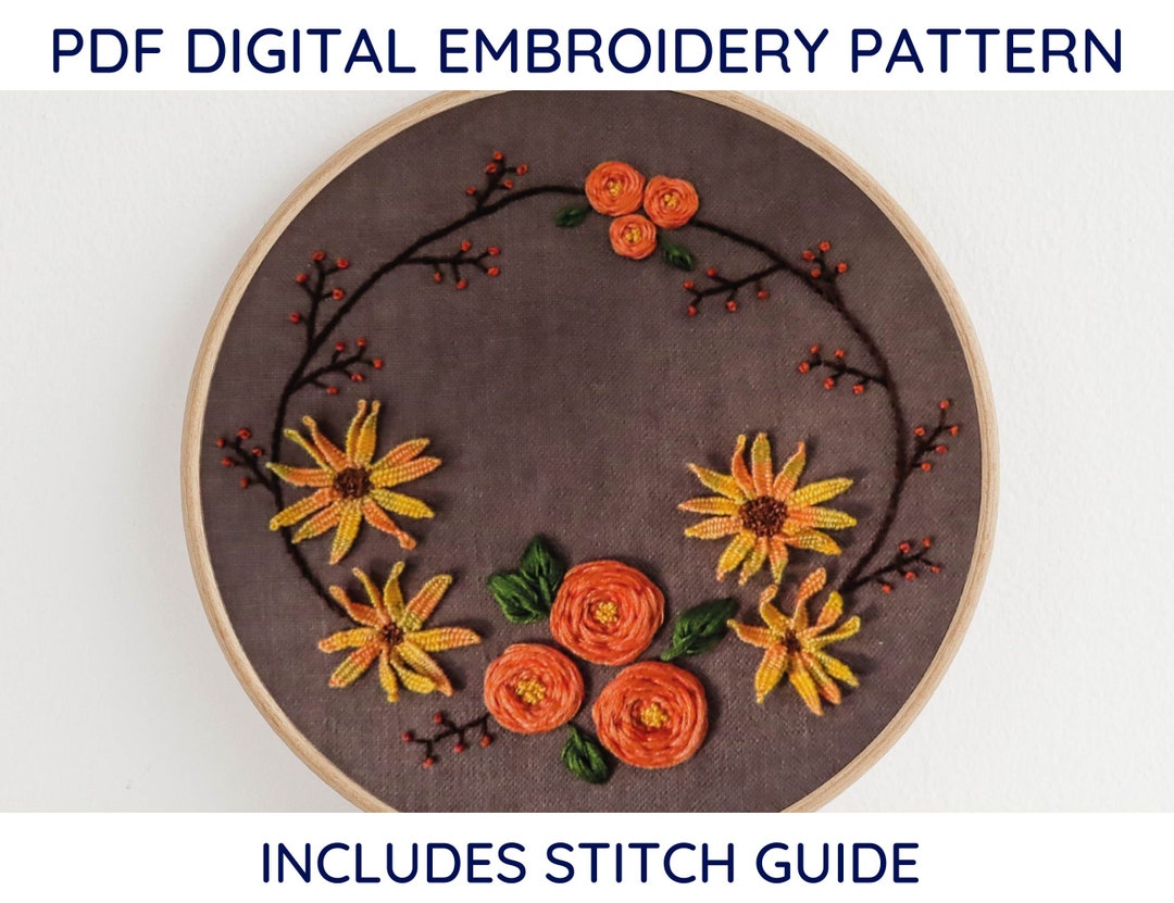 Autumn Floral Wreath Embroidery Pattern and Instructions, PDF Instant ...