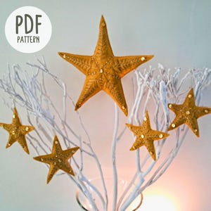 Stern PDF Anleitung für Weihnachtsbaumspitze, Filz Ornament zum Basteln mit Metallicfaden, Handstickerei - 24G004