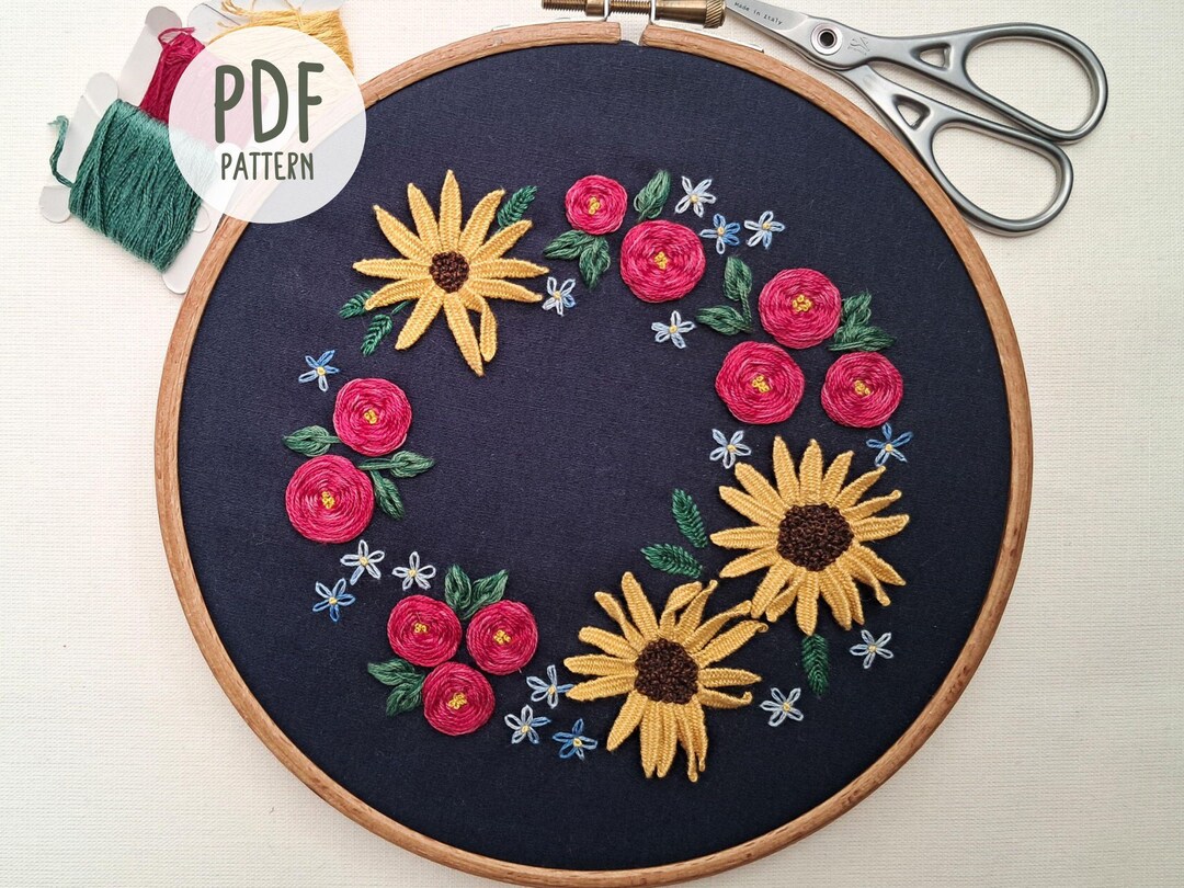 Summer Floral Wreath PDF Embroidery Pattern and Instructions, Summer ...