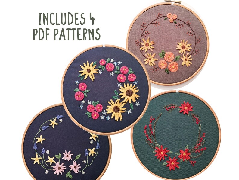 Floral Wreath Embroidery Pattern Bundle, Spring Summer Autumn Winter ...