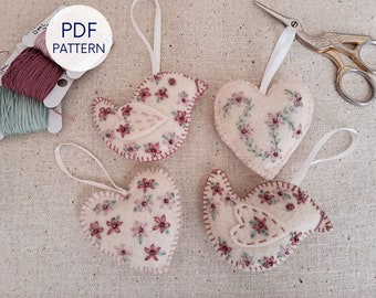 Embroidered Felt Ornament Pattern, Heart and Bird Design, PDF Digital Download, Suitable for Valentine's Day, Wedding or Anniversary